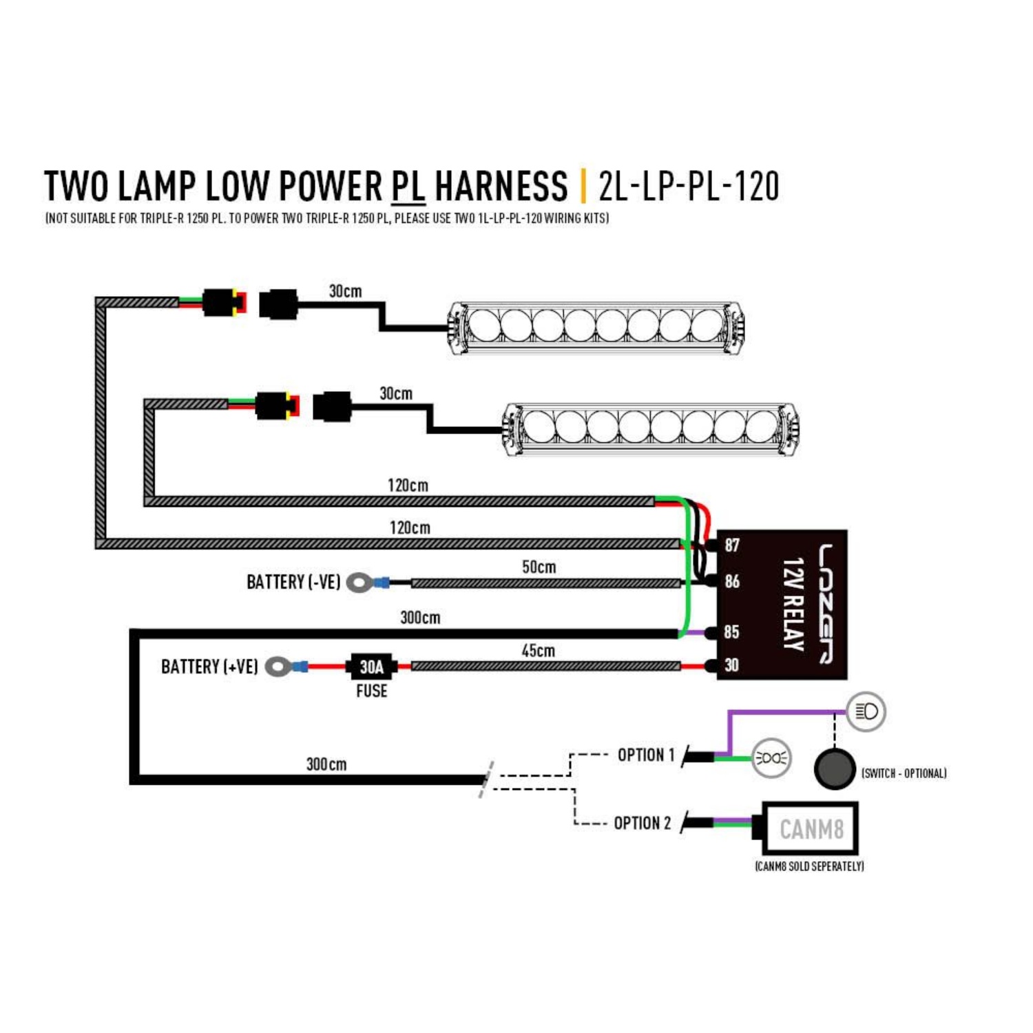 Lazer Two-Lamp Harness Kit, 1.2m, 3-Pol, Triple-R/ Linear mit Pos. Leuchten/ Sentinel mit Pos. Leuchten, Abmessungen