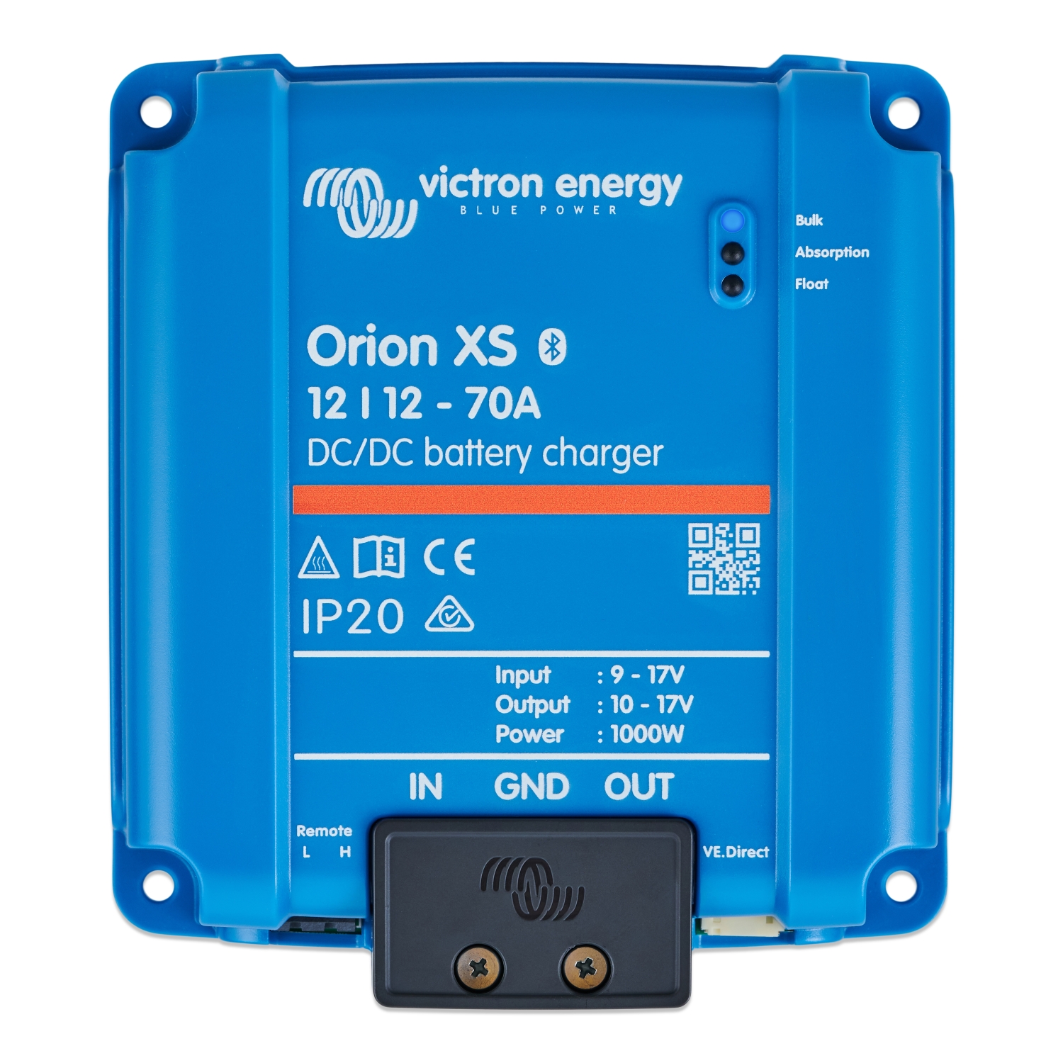Blauer Victron Energy Orion XS Ladewandler. Vorderseite: „Orion XS 12|12-70A“, Ein-/Ausgangsspannungen und 1000W. Drei LEDs (Bulk, Absorption, Float) sowie Anschlüsse IN, GND, OUT und schwarzer Klemmenblock unten sichtbar.