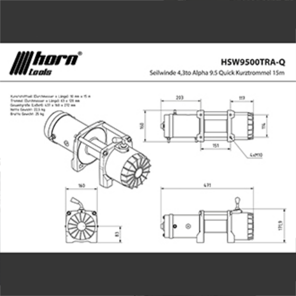 Horntools, Seilwinde 4,3t, Alpha 9.5 Quick Kompakt, 12V, 15m Kunststoffseil