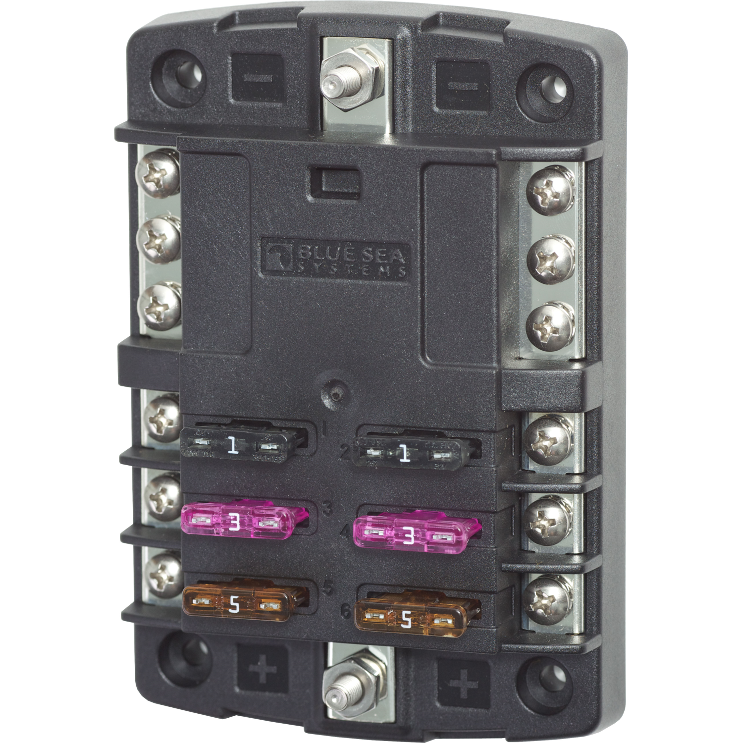 Blue Sea Systems, Sicherungsverteiler 6-Fach, mit integriertem Masseverteiler, Flachsicherungen/ ATO