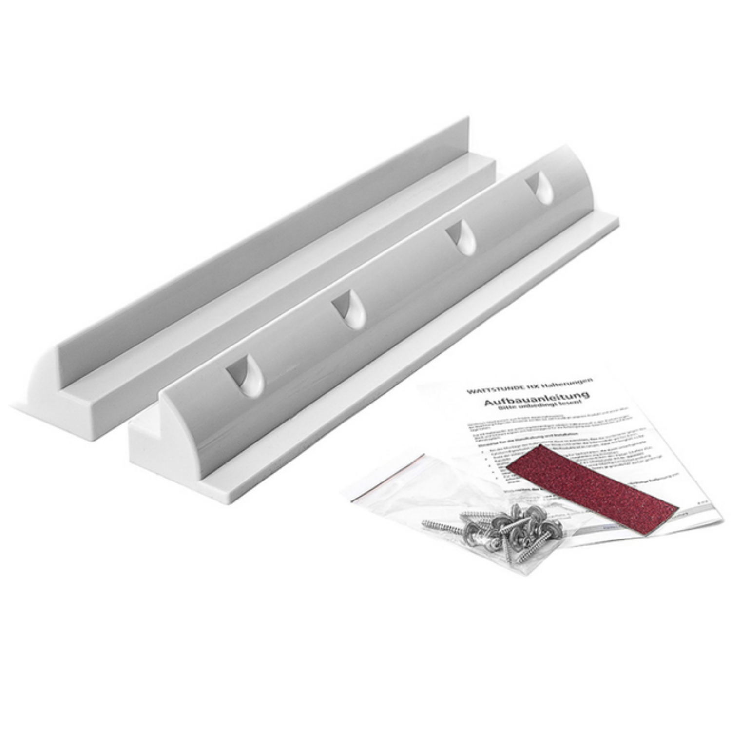 Zwei weiße 680mm Haltespoiler aus UV-beständigem ABS zur Befestigung von Solarmodulen. Einer flach, der andere aerodynamisch gerundet mit vier Belüftungsöffnungen. Mit Montageschrauben, Schleifpad und Anleitung.