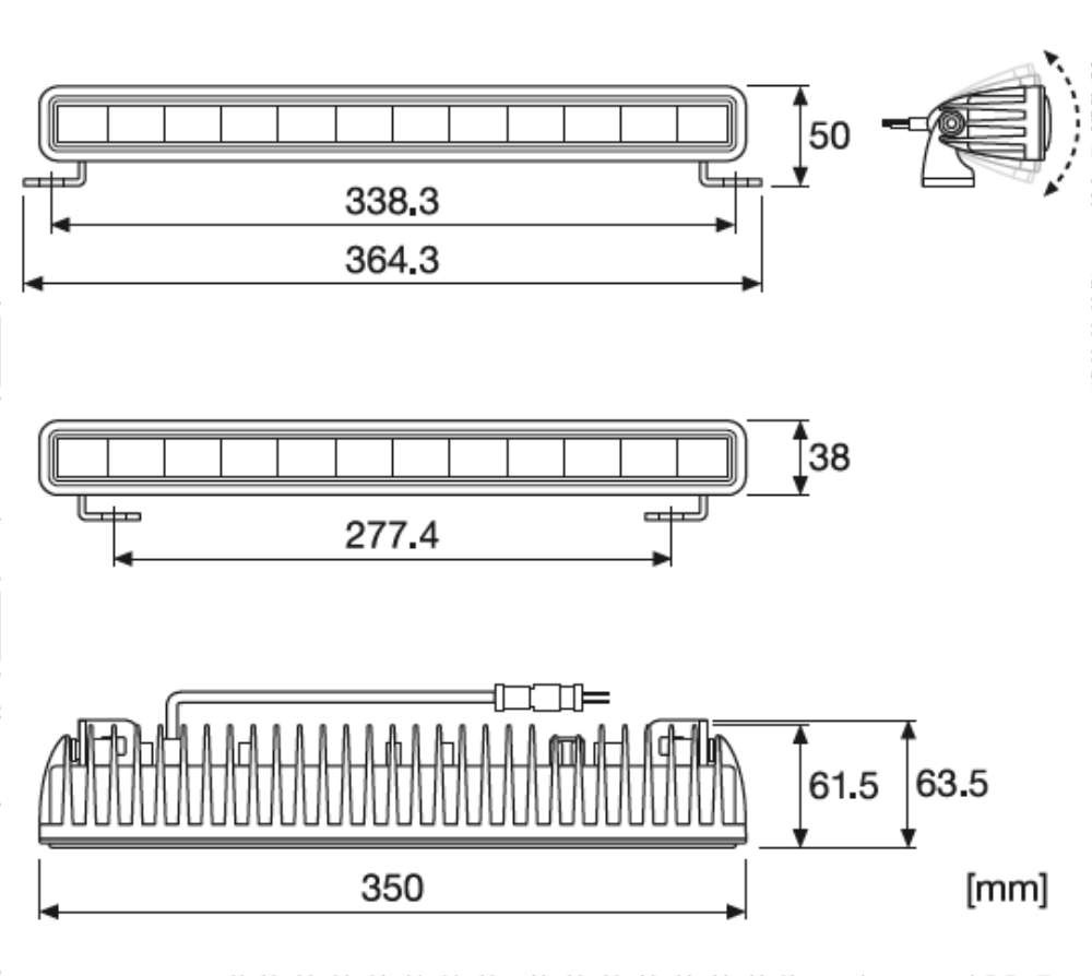Technische Zeichnung der Osram LEDriving SX-300-SP Lightbar mit Draufsicht, Vorder- und Rückansicht. Gezeigt sind Maße in mm: Länge 364,3 mm, Höhe 50 mm, Tiefe der Kühlrippen. Mit Montagebügeln und Deutsch DT Stecker.